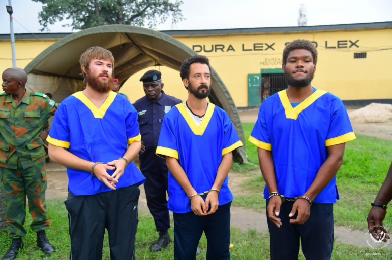 Left to right - Tyler Thompson Jr., Marcel Malanga, Benjamin Reuben Zalman-Polun upon their release from a Congolese prison.
