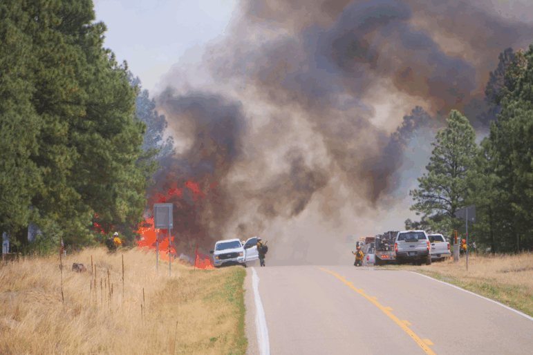 The Hermits Peak fire approaches Highway 434 at Christmas Tree Canyon in New Mexico in 2022