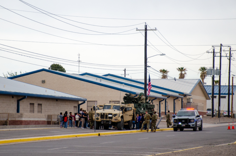 The Army’s tactical vehicles on display at an elementary school in the small town of Presidio, Texas. A spokesperson for the Army said the school invited them to help familiarize the community with the Army’s presence.
