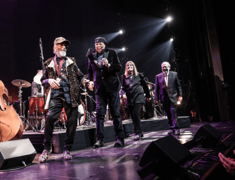 The 2025 class of the NEA's Jazz Masters included (from left to right) saxophonist Marshall Allen, pianists Chucho Valdés and Marilyn Crispell and the critic Gary Giddins.