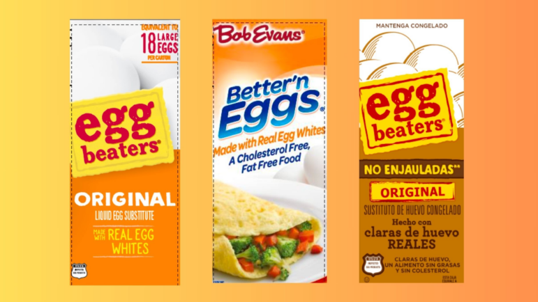 Side-by-side images of the liquid egg products being recalled, from Egg Beaters and Bob Evans.