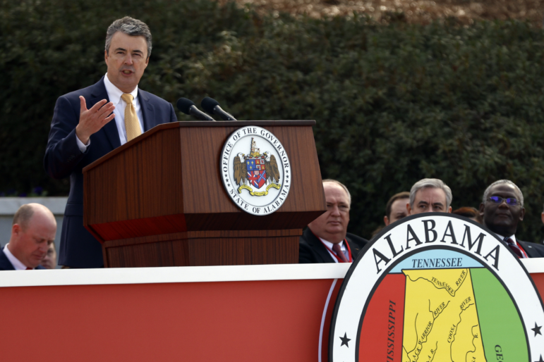 Alabama Attorney General Steve Marshall speaks during the inauguration ceremony on the steps of the Alabama State Capital in Montgomery on Jan. 16, 2023 . A federal judge ruled that Marshall's office cannot prosecute groups or individuals that assist Alabama residents seeking abortions in other states.