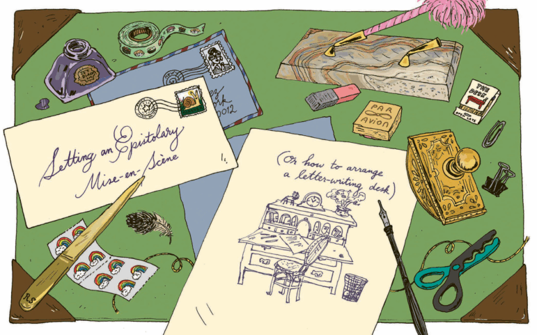 A colorful, whimsical illustration showing a writing desk covered with tools used to write letters, including an inkwell, a letter opener, a feathered pen, scissors, stationery, stamps, washi tape, and a seal.