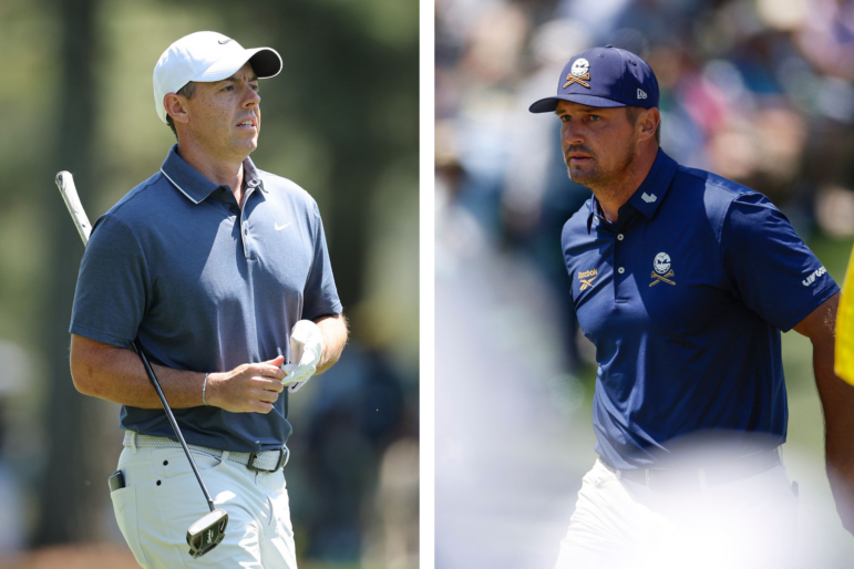 Rory McIlroy of Northern Ireland (L) and Bryson DeChambeau (R) of the U.S. during the final round of the 2025 Masters Tournament at Augusta National Golf Club on April 13 in Augusta, Georgia.