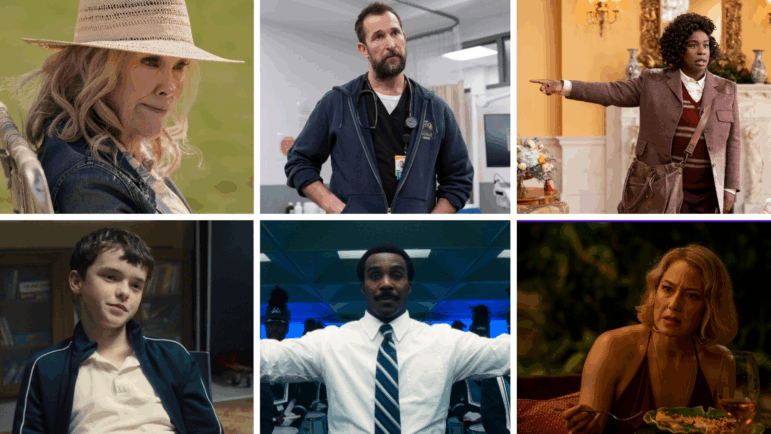 NPR TV critic Eric Deggans picks his favorite performances of 2025 thus, including, clockwise from top left, Catherine O’Hara in The Last of Us and The Studio, Noah Wyle in The Pitt, Uzo Aduba in The Residence, Carrie Coon in The White Lotus, Tramell Tillman in Severance and Owen Cooper in Adolescence.