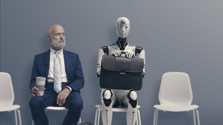 Man and AI robot waiting for a job interview