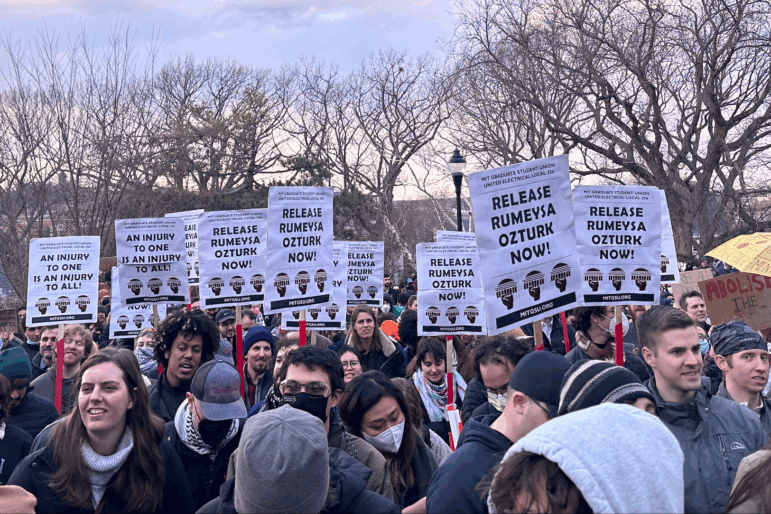 Hundreds of people gather in Somerville, Mass., on March 26, 2025, to demand the release of Rumeysa Ozturk, a Turkish student at Tufts University, after he arrest by federal agents.