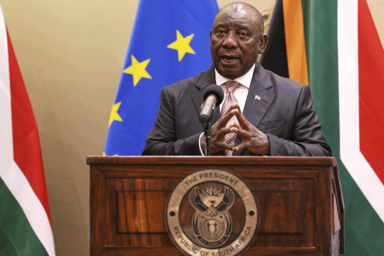 South Africa President Cyril Ramaphosa speaks to journalists during the eighth EU-South Africa summit in Cape Town, South Africa, in March.