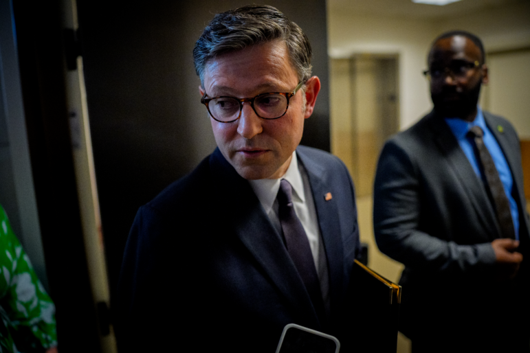 Speaker of the House Rep. Mike Johnson, R-La.,speaks to reporters following a House Republican conference meeting at the U.S. Capitol on May 6. Republicans are facing internal divisions over Medicaid as they work to enact President Trump's domestic policy agenda.
