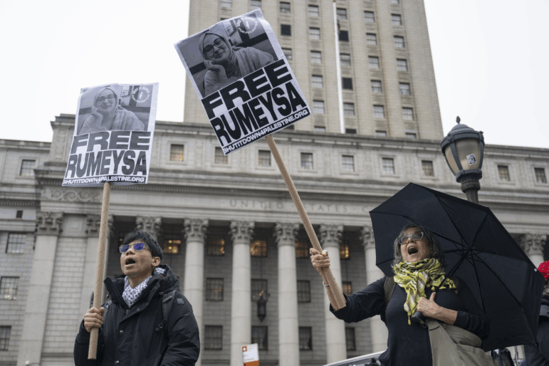 People take part in a rally and a protest in solidarity with Rumeysa Ozturk and Mohsen Mahdawi outside New York Federal Court as the court hears the U.S. government request to appeal the decisions in their cases in New York, United States on May 06, 2025.