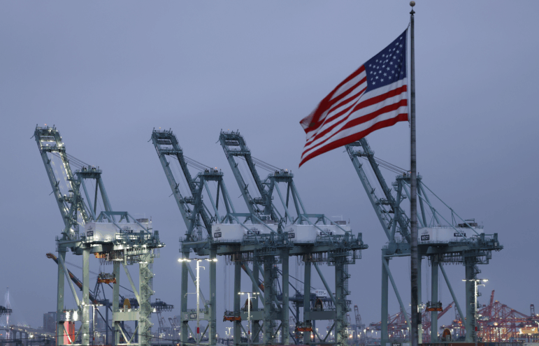 A view of shipping cranes at the Port of Los Angeles on May 06, 2025 in San Pedro, California. Los Angeles and Long Beach ports are seeing significant drops in expected cargo ships coming into port this week due to tariffs imposed by the Trump Administration.