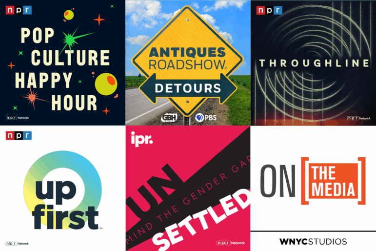 Podcast tile art for Pop Culture Happy Hour, from NPR; Antique Roadshow Detours, from GBH & PRX; Throughline, from NPR; Up First, from NPR; Unsettled, from IPR; On The Media, from WNYC.