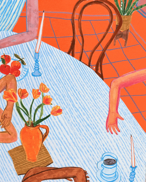 An animated, stop motion gif of paper cut-outs shows a high angle close-up of a dinner table with flowers, coffee cups, candle sticks, and hands, and then question marks and sparkles tumble down onto the table, representing magical questions that unlock meaningful connection and conversation