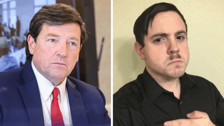Left: Interim U.S. Attorney for the District of Columbia Edward Martin during an Anacostia Coordinating Council monthly meeting in Washington, D.C. on March 25. Right: Louis Hale-Cusanelli with a mustache resembling Adolf Hitler in photos recovered from his cell telephone by the Department of Justice.