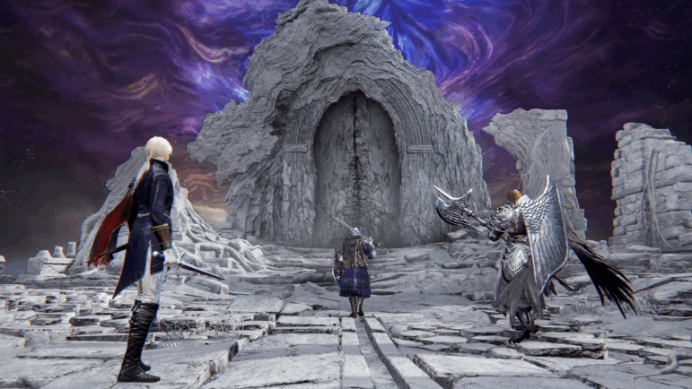 Three heroes face a door to the final boss at the end of a Nightreign run.