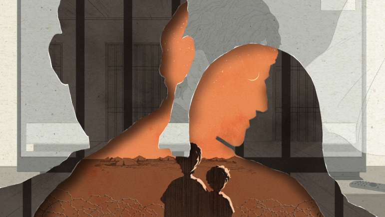 An illustration of two young children in a desert camp seen in a silhouette of a man looking down layered with another silhouette of a different man and a woman looking at room with an open window.