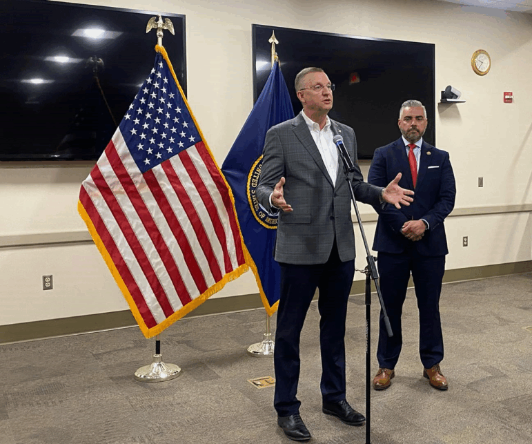 Secretary of Veterans Affairs Doug Collins and Rep. Juan Ciscomani of Arizona at the Tucson VA Medical Center on April 28.