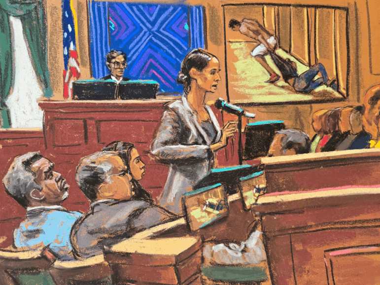 In a courtroom sketch, Sean Combs (left) listens alongside his lawyers Marc Agnifilo and Teny Geragos as Assistant U.S. Attorney Christy Slavik (center) makes her closing arguments as U.S. District Judge Arun Subramanian presides during Combs' sex trafficking trial in New York City.