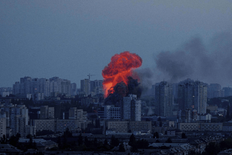 Explosion is seen after Russian air strike on Kyiv, Ukraine, on Friday.