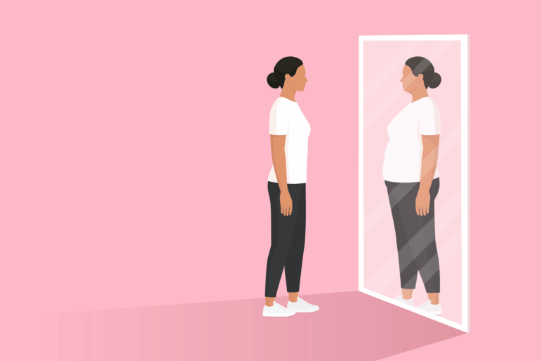 An illustration of a woman looking in the mirror and seeing herself as overweight.