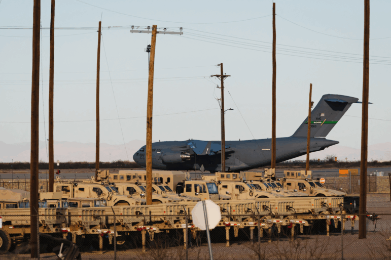 A United States Air Force Boeing C-17 used for deportation flights is pictured at Biggs Army Airfield in Fort Bliss, El Paso, Texas in February 2025.