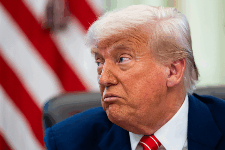 President Trump speaks  in the Oval Office on Friday, the same day his administration released its budget proposal for fiscal year 2026.