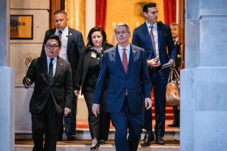 Scott Bessent, U.S. treasury secretary, second right, departs following trade talks at Lancaster House in London, UK, on Tues., June 10, 2025. Bessent departed trade talks with China late Tuesday in London, as delegations continued to negotiate over key tech and industrial exports and deescalating their trade war.