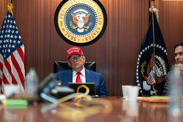 In this handout provided by the White House, President Trump and Secretary of State Marco Rubio sit in the Situation Room as they monitor the mission that took out three Iranian nuclear enrichment sites, at the White House on Saturday . (Photo by Daniel Torok/The White House via Getty Images)