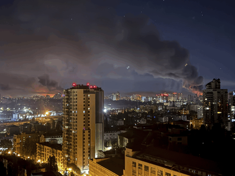 Smoke rises after a Russian strike on Kyiv, Ukraine, Friday, July 4, 2025. (AP Photo/Yehor Konovalov)
