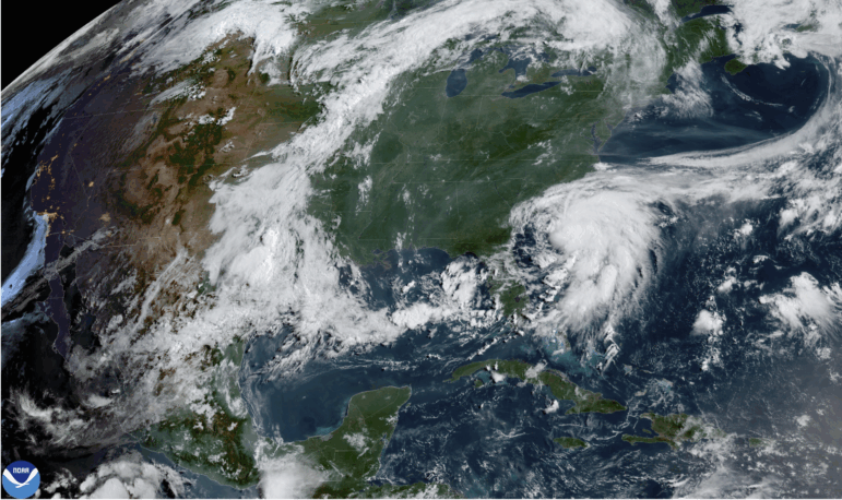 This image provided by NOAA shows Tropical Storm Chantal forming off the coast of the Carolinas on Saturday, July 5, 2025.