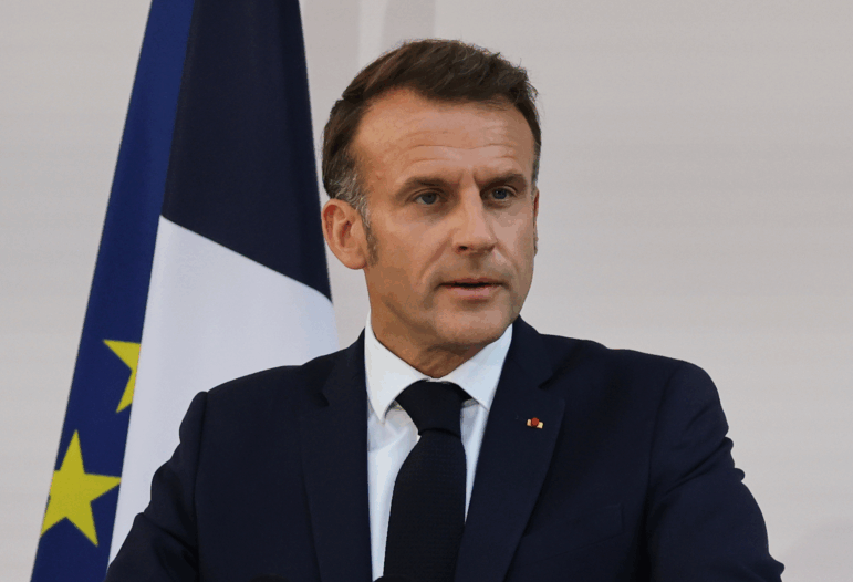French President Emmanuel Macron speaks to the army leaders at the Hotel le Brienne on July 13.