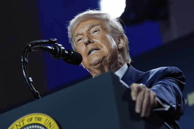 President Donald Trump speaks during an AI summit at the Andrew W. Mellon Auditorium on Wednesday.