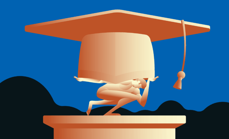 This illustration shows a statue of Atlas holding up a giant graduation cap.