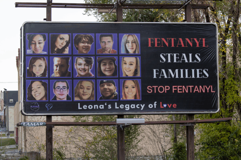 Anti-fentanyl sign in Leavenworth, Kansas. Kansas is one of 49 states that face funding delays for a key federal grant program used in the fight against fentanyl overdoses and other substance use.