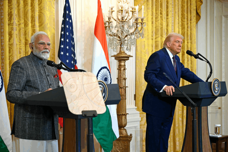 President Trump and Indian Prime Minister Narendra Modi hold a joint press conference in the East Room of the White House on Feb. 13, 2025.