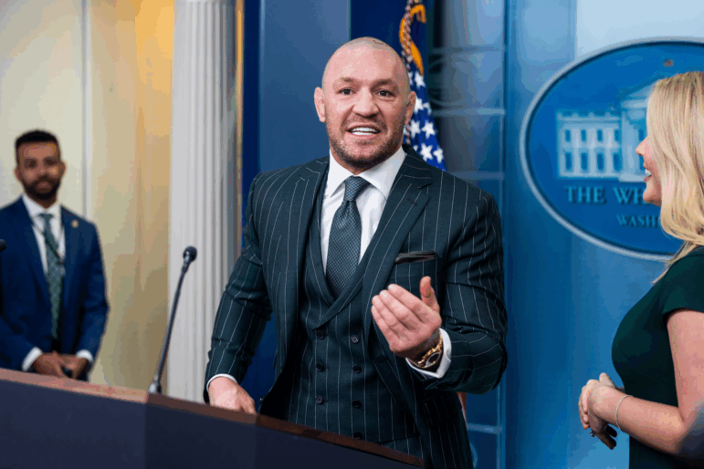 Former UFC fighter Conor McGregor speaks in the James S. Brady Press Briefing Room of the White House in Washington, D.C., on March 17.