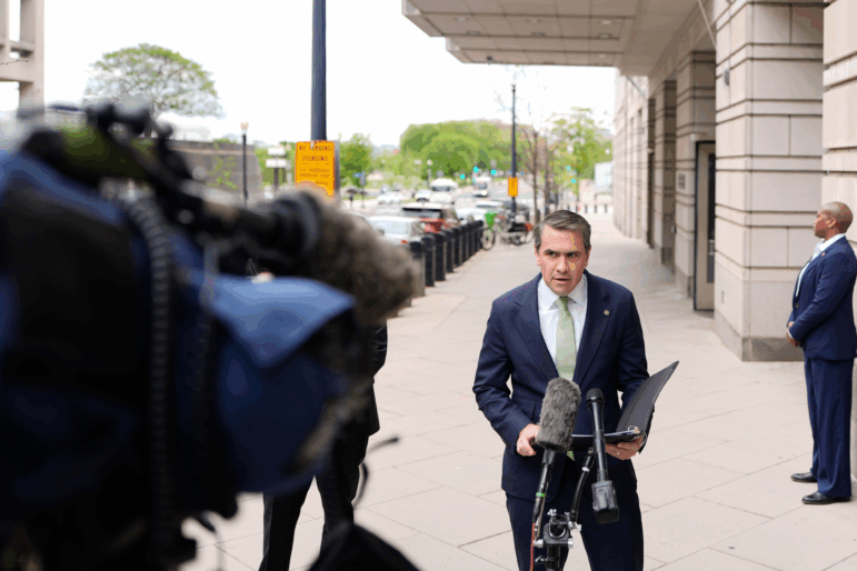 Todd Blanche, U.S. deputy attorney general, speaks to members of the media outside federal court in Washington, D.C., on April 21.