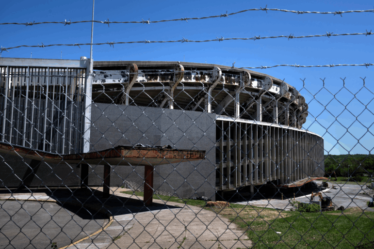 A view of the Robert F. Kennedy (RFK) Stadium, defunct and currently under demolition, in Washington, DC, on April 28, 2025. President Trump is threatening to intervene in a deal for a new stadium.
