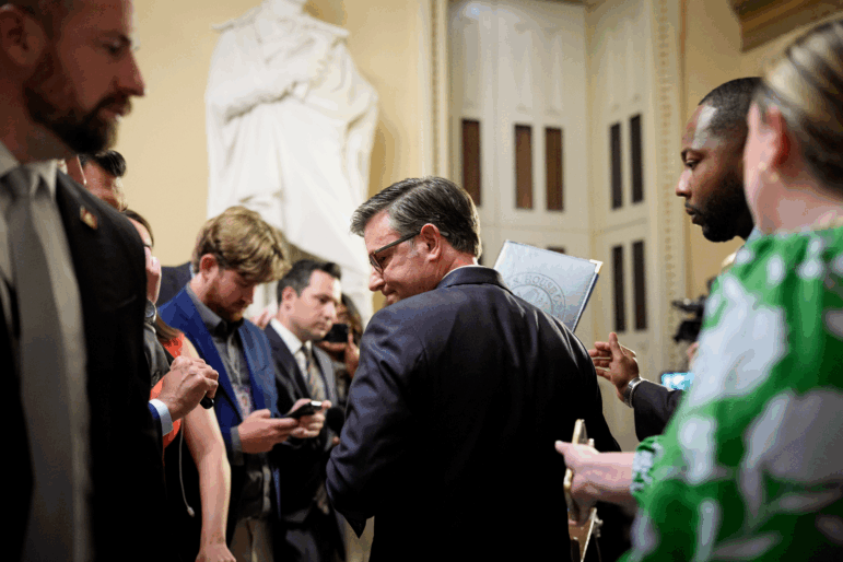 U.S. Speaker of the House Mike Johnson (R-LA) departs after speaking to the media outside the House Chamber at the U.S. Capitol on July 23, 2025 in Washington, D.C.