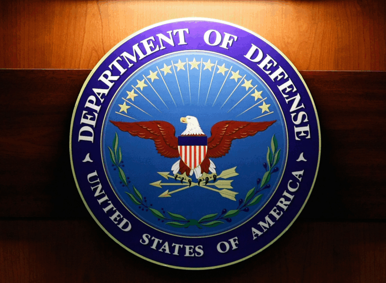 The seal of the Department of Defense at the Pentagon.