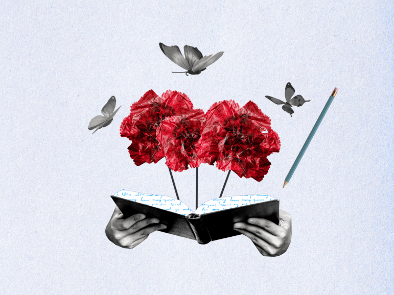 This photo collage shows a pair of hands in black-and-white holding an open journal. Handwritten cursive script is visible on the leaves of the open pages, and three red tissue paper flowers grow from the open book. Three butterflies hover around the flowers, and a pencil pointed downward hovers to the right of the open book.