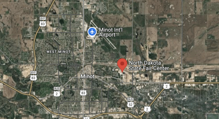 A Google Maps image shows Minot International Airport's close proximity to the North Dakota Fair grounds. An airliner that was approaching the airport from the southeast deviated course into an abrupt go-around on Friday — at around the same time a bomber performed a flyover at the fair.