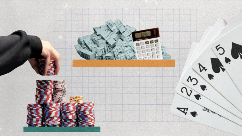 A collage of a person stacking poker chips, a pile of money along with a calculator and a royal flush of poker cards.