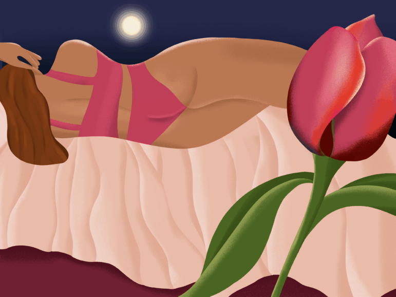 An illustration shows a person with tan skin and long brown hair lying on their side on a bed with silky, peach-colored sheets. The figure's back is to the viewer, and they wear a dark pink bra and underwear. In the dark sky above hangs a bright full moon. In the foreground is a large pink tulip, closed tightly.