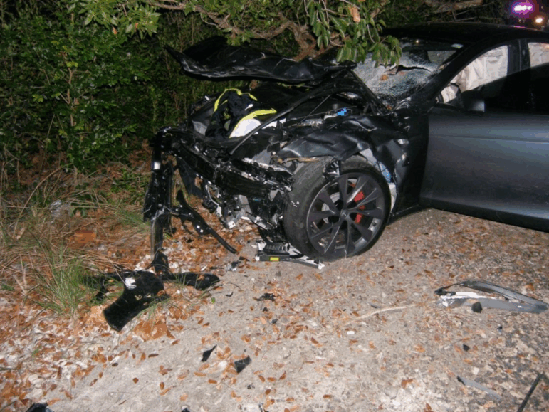 A Tesla Model S in the aftermath of a fatal crash in April of 2019 near Key Largo, Fla.