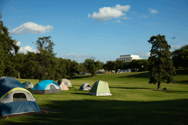 A homeless encampment is seen under near the Lincoln Memorial in Washington, DC