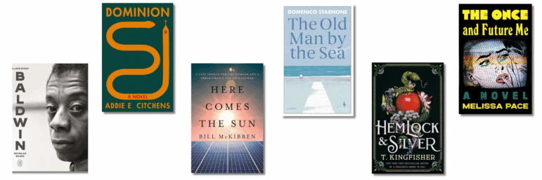Baldwin: A Love Story, by Nicholas Boggs; Dominion, by Addie E. Citchens; Here Comes the Sun: A Last Chance for the Climate and a Fresh Chance for Civilization, by Bill McKibben; The Old Man by the Sea, by Domenico Starnone and translated by Oonagh Stransky; Hemlock & Silver, by T. Kingfisher; The Once and Future Me, by Melissa Pace