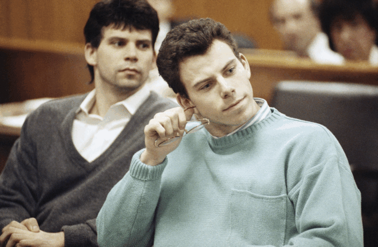 Lyle (left) and Erik (right) Menendez sit in court in 1991.