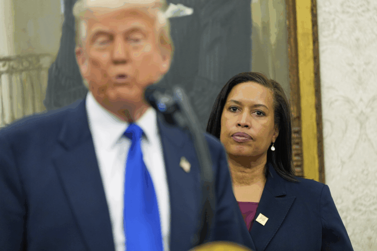 District of Columbia Mayor Muriel Bowser listens as President Donald Trump speaks during an event to announce that the 2027 NFL Draft will be held on the National Mall, in the Oval Office of the White House, Monday, May 5, 2025, in Washington.