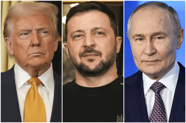 FILE - In this combination of file photos, President Donald Trump, left, and Ukraine's President Volodymyr Zelenskyy, center, are seen at the Elysee Palace, Dec. 7, 2024 in Paris, and President Vladimir Putin, right, addresses a Technology Forum in Moscow on Feb. 21, 2025. (AP Photo/Aurelien Morissard, left and center, Pavel Bednyakov, right, File)